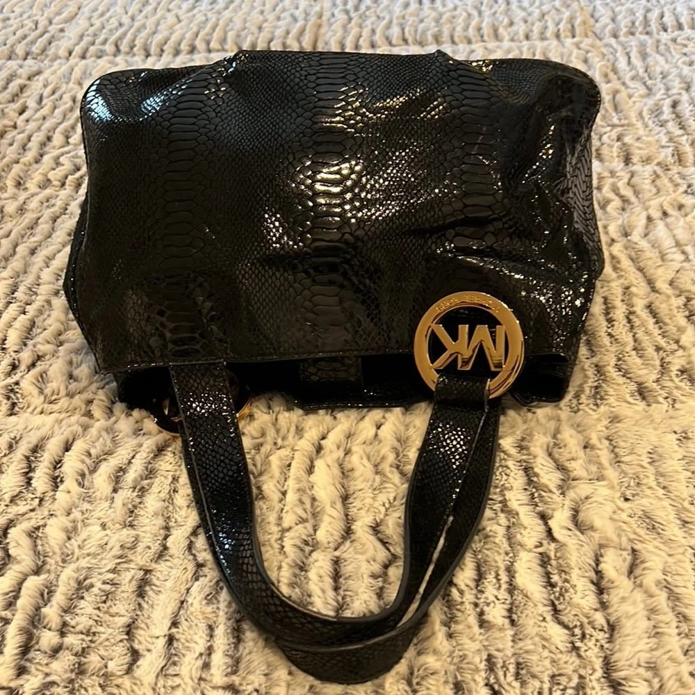 Michael Kors Fulton Black Snake skin Genuine Leather Tote Bag with Gold …